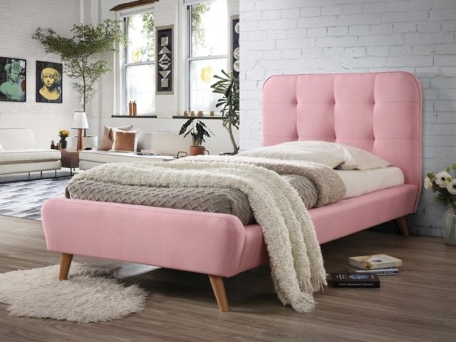 Łóżko Trebor, 90x200, różowy/dąb