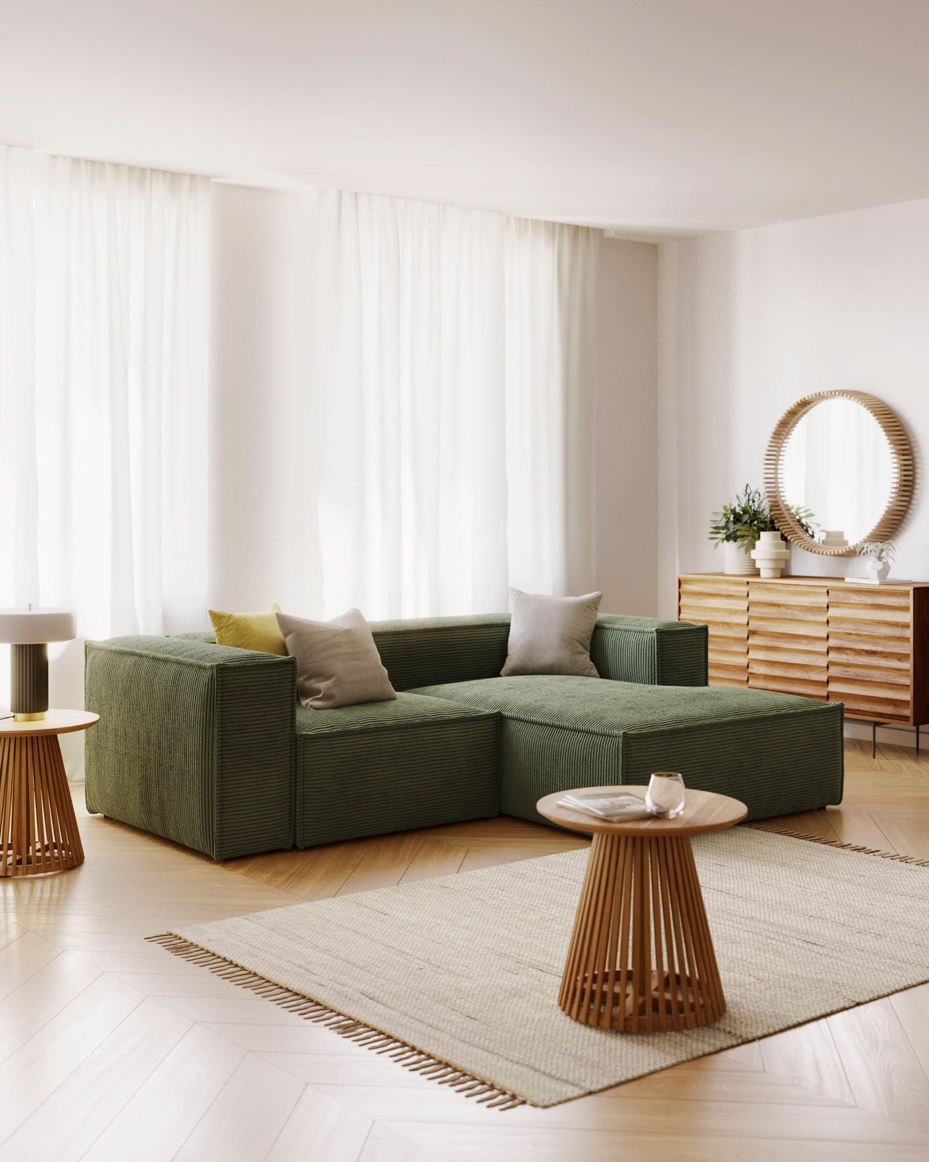 Sofa Blok 2-osobowa z szezlongiem prawostronnym, zielona