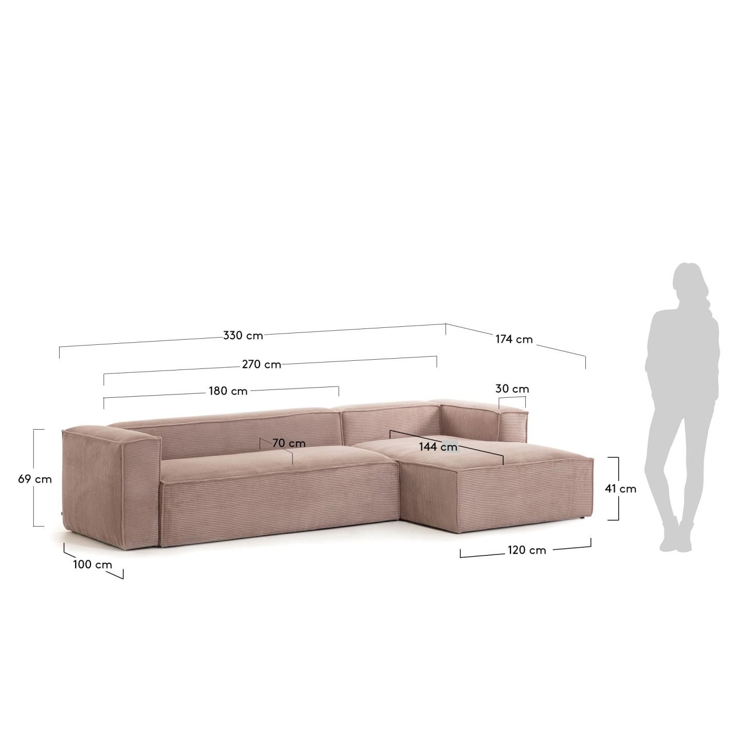 Sofa Blok 4-osobowa z szezlongiem prawostronnym, różowa